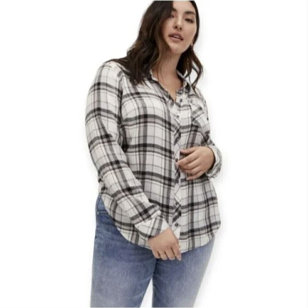 Torrid Relaxed Fit Brushed Rayon Button-Up Plaid Striped Long Sleeve Shirt Sz 00